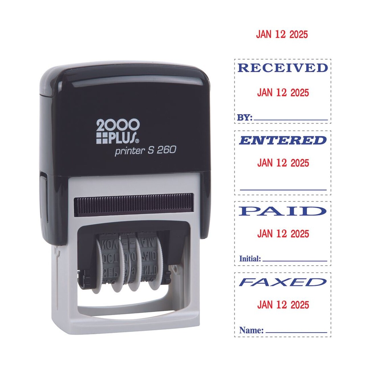 2000 PLUS Self-Inking Message and Date Date Stamp, FAXED, PAID, RECEVIED, ENTERED, 1-3/4" X 7/8" Impression, Self-Inking, Red and Blue Ink